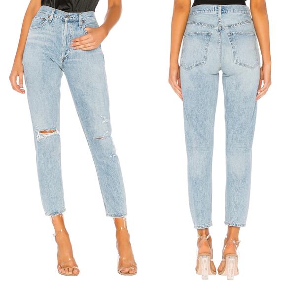 Agolde Jamie High Waisted Distressed Light Wash Straight Leg Jeans 27 Button Fly - Picture 1 of 12